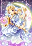  1girl blonde_hair blue_eyes boots crescent crescent_moon crown curly_hair dress facial_mark forehead_mark gloves head_wings heart jewelry long_hair moon necklace panel_de_pon ruitan_(rrruitan) seren smile solo sparkle staff white_dress 