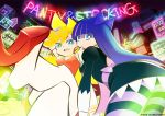  2girls artist_request blonde_hair blue_eyes bow city dress earrings foreshortening gainaxtop hair_bow jewelry leggings long_hair multicolored_hair multiple_girls neon_lights official_art panty_&amp;_stocking_with_garterbelt panty_(psg) stocking_(psg) striped striped_legwear two-tone_hair 