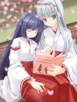  blue_hair book cherry_blossoms closed_eyes grey_eyes japanese_clothes kazushima leaning_on_person miko open_mouth original silver_hair sitting sleeping smile tatami 