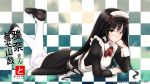  1girl apron black_hair blush character_request checkered checkered_background copyright_request highres long_hair looking_at_viewer maid maid_headdress pantyhose ryou@ryou smile solo wallpaper white_legwear yellow_eyes 