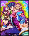  2boys ass blonde_hair blue_eyes blue_hair blue_jacket caesar_anthonio_zeppeli cielholic colorful fabulous feathers fingerless_gloves gloves green_eyes headband jacket jojo_no_kimyou_na_bouken joseph_joestar_(young) leotard multiple_boys 