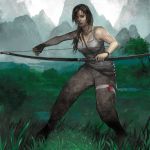  1girl bandages bare_shoulders blood bow_(weapon) fingerless_gloves gloves highres holding kiyohisa lara_croft long_hair messy_hair solo tomb_raider weapon 