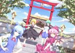  4girls absurdres antennae ascot between_legs bird_wings blonde_hair blue_eyes blue_hair blue_sky bow cape cirno clouds dress dutch_angle earrings east_asian_architecture fang green_hair hair_bow hair_ribbon hand_between_legs hand_on_own_chest hands_on_hips hat highres hokora_(shrine) jewelry leg_up looking_at_viewer mary_janes multiple_girls mystia_lorelei open_mouth outstretched_arms pink_hair pointy_ears puffy_sleeves red_eyes ribbon rizky_(strated) rumia shadow shoes short_hair short_sleeves shorts shrine sky spread_arms stairway team_9 torii touhou tree tsurime wings wriggle_nightbug yellow_eyes 