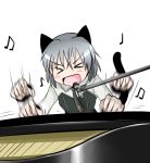  &gt;_&lt; 1girl animal_ears closed_eyes instrument lowres microphone microphone_stand musical_note open_mouth piano sanya_v_litvyak short_hair silver_hair smile solo strike_witches tail tanaka_rikimaru 