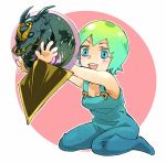  1girl double_bun dragon&#039;s_dream foo_fighters green_eyes green_hair jojo_no_kimyou_na_bouken overalls short_hair smkd 