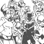  6+girls aeon_(skullgirls) black_dahlia breasts cleavage d._violet eliza_(skullgirls) large_breasts long_hair mask monochrome multiple_girls scythana sketch skullgirls tsukudani_(coke-buta) venus_(skullgirls) 