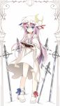  1girl blue_eyes book crescent hat long_hair patchouli_knowledge purple_hair solo sword touhou weapon yuuhagi_(amaretto-no-natsu) 