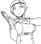  1girl beret breasts fingerless_gloves gloves gun hat jill_valentine large_breasts monochrome pistol resident_evil short_hair shoulder_pads solo tsukudani_(coke-buta) weapon 