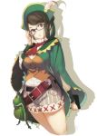  1girl adjusting_glasses belt book breasts brown_eyes brown_hair cloak feathers glasses hat monster_hunter monster_hunter_4 receptionist_(monster_hunter_4) shadow shirabi_(life-is-free) shorts solo waistcoat 