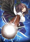  1girl arm_cannon black_hair black_wings bow breasts cape glowing glowing_weapon hair_bow large_breasts looking_at_viewer nakajou open_mouth reiuji_utsuho shirt skirt smile solo third_eye touhou weapon wings yellow_eyes 