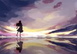 1girl absurdres artist_request barefoot dress from_behind highres horizon long_hair outstretched_arms reflection solo sunset water 