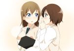  2girls blue_eyes blush brown_hair covering_mouth green_eyes looking_at_another multiple_girls open_mouth original school_uniform short_hair sweater whispering yui_7 