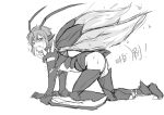  1girl antennae blush genderswap insect_girl insect_wings kha&#039;zix kneeling league_of_legends monochrome nam_(valckiry) personification sketch solo wince wings 