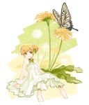  1girl amarisu barefoot blonde_hair butterfly double_bun dress flower minigirl ribbon short_hair smile solo yellow_eyes 