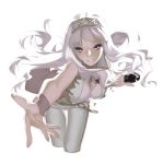  1girl 92m belt chain hairband idolmaster long_hair microphone pants parted_lips reaching shijou_takane silver_hair simple_background smile solo violet_eyes white_background wrist_cuffs 