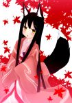  1girl animal_ears black_hair blush highres japanese_clothes kimono kiyomin leaf long_hair looking_at_viewer original solo tail yellow_eyes 