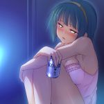  1girl blush breast_press breasts brown_eyes can drunk green_hair hairband idolmaster otonashi_kotori racer_(magnet) short_hair solo 