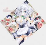  1girl ayuayu blue_eyes braid breasts bursting_breasts cleavage flower garter_straps hair_rings highres izayoi_sakuya maid_headdress panties pantyshot petals sample short_hair silver_hair smile solo thigh-highs touhou traditional_media twin_braids underwear white_legwear white_panties 