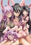  4girls ^_^ adult animal_ears bare_legs bespectacled black_hair blazer blush_stickers bunny_tail closed_eyes dress glasses if_they_mated inaba_tewi lavender_hair long_hair multiple_girls necktie open_mouth pink_dress rabbit_ears red_eyes reisen_udongein_inaba short_hair smile tail touhou wink yohane 
