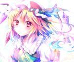  1girl ascot blonde_hair blush flandre_scarlet hat red_eyes riichu short_hair side_ponytail solo touhou white_background wings 