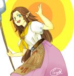  1girl adult apron belt belt_buckle blue_eyes blush breasts brown_hair large_breasts long_hair long_skirt malon neckerchief ocarina_of_time open_mouth pitchfork pointy_ears skirt smile solo tangiman the_legend_of_zelda triforce waist_apron waving 