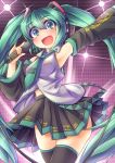  1girl black_legwear blush detached_sleeves fun_bo green_eyes green_hair hair_ornament hatsune_miku headset long_hair long_sleeves looking_at_viewer microphone open_mouth shirt skirt smile solo stage_lights thigh-highs twintails very_long_hair vocaloid wide_sleeves zettai_ryouiki 