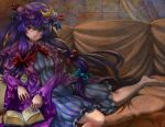  1girl barefoot book capelet couch crescent dress hair_ribbon hat highres long_hair long_sleeves looking_at_viewer open_clothes open_coat patchouli_knowledge purple_dress purple_hair ribbon sitting solo striped striped_dress syuraime_0 touhou tress_ribbon very_long_hair violet_eyes wide_sleeves 