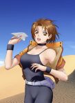  1girl belt_pouch brown_eyes brown_hair desert highres jacket lipstick looking_at_viewer makeup open_mouth original paper_airplane short_hair sky wristband yui_toshiki 