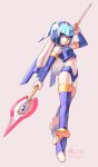  1girl android blue_eyes boots dated detached_sleeves female forehead_jewel helmet highres junkpuyo leviathan_(rockman) over_shoulder polearm rockman rockman_zero smile solo spear thigh-highs thigh_boots thrusters weapon weapon_over_shoulder 