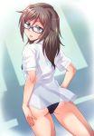  1girl ass back blue_eyes brown_hair competition_swimsuit dress_shirt e20 glasses houzumi_satsuki long_hair looking_back one-piece_swimsuit original shirt smile solo swimsuit 