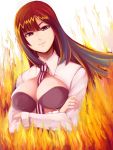  1girl breasts brown_eyes brown_hair crossed_arms fire long_hair looking_at_viewer necktie original pixiv_fantasia pixiv_fantasia_new_world riochan smile solo 