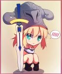  1girl :t blonde_hair blush boots chibi denim denim_shorts fate/apocrypha fate_(series) flat_chest green_eyes headwear_removed helmet helmet_removed jewelry long_hair necklace ponytail saber_of_red shorts solo squatting sword tubetop tusia weapon 