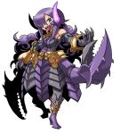  1girl armor armored_dress bare_shoulders boots bracer breasts claws demon_girl elbow_gloves faulds full_body gloves hair_over_one_eye high_heels horns jewelry long_hair matsuda_yuusuke necklace nise_maou_kanizeru original purple_hair sharp_teeth shoes solo tongue tongue_out yuusha_to_maou 