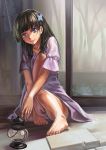  1girl absurdres bangs bare_legs barefoot black_hair blue_eyes blunt_bangs dress hair_ornament highres lantern lips long_hair sanka_rea sankarea sitting smile solo xiamianliele 