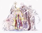  3boys 3girls armor blonde_hair closed_eyes dress food fruit fur_coat grapes long_hair magi_the_labyrinth_of_magic multiple_boys multiple_girls scheherazade_(magi) short_hair simao smile staff sword weapon 