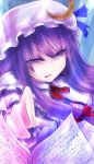  1girl book camura crescent dress hair_ribbon hat highres long_hair open_mouth patchouli_knowledge purple_hair ribbon solo touhou violet_eyes 