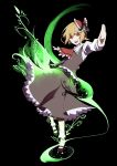  1girl ascot asuku_(69-1-31) blonde_hair darkness hair_ribbon highres long_sleeves open_mouth outstretched_arms red_eyes ribbon rumia shirt short_hair skirt skirt_set smile solo touhou tsukimoto_aoi vest vines 
