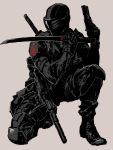  1boy combat_boots gun handgun katana knee_pads kneeling mask military ninja snake_eyes_(character) submachine_gun suppressor sword t_(arisu-no-neko) uniform visor weapon 