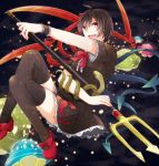  1girl asymmetrical_wings black_hair black_legwear dress highres houjuu_nue open_mouth polearm red_eyes shoes short_hair smile snake solo thigh-highs touhou trident ufo weapon wings 