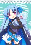  1girl belt blue_hair blush buckle candy cape elbow_gloves fang gloves hair_ribbon lollipop long_hair lyrical_nanoha mahou_shoujo_lyrical_nanoha mahou_shoujo_lyrical_nanoha_a&#039;s mahou_shoujo_lyrical_nanoha_a&#039;s_portable:_the_battle_of_aces material-l multicolored_hair open_mouth pillow ribbon skirt solo swirl_lollipop teruui thigh-highs twintails violet_eyes 