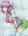  1girl absurdres bent_over blush breasts chinese_clothes colored_pencil_(medium) covering covering_crotch cuffs double_bun embarrassed flower frills have_to_pee highres ibaraki_kasen kitaziman large_breasts ribbon rose short_hair skirt solo tabard thigh-highs touhou traditional_media zettai_ryouiki 