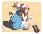  1boy 1girl :t back-to-back baseball_cap blue_eyes blush boots brown_eyes brown_hair denim denim_shorts hat indian_style jacket long_hair nintendo_ds oshawott playing_games pokemon pokemon_(game) pokemon_bw ponytail short_hair shorts sitting touko_(pokemon) touya_(pokemon) vest video_game 