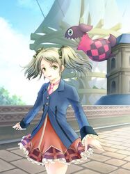  1girl blazer blonde_hair bow doll elise_lutus frills green_eyes hair_bow highres kururi_(pixiv2432322) necktie plaid plaid_skirt school_uniform short_hair skirt smile tales_of_(series) tales_of_xillia tales_of_xillia_2 tipo_(xillia) twintails 