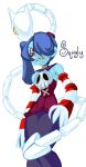  1girl bare_shoulders blue_hair blue_skin blush detached_collar detached_sleeves elazuls-core hair_over_one_eye leviathan_(skullgirls) long_hair long_skirt red_eyes side_ponytail skirt skull skullgirls solo squigly_(skullgirls) stitched_mouth striped_sleeves zombie 