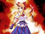  1girl bow breasts chain fal_(falketto) fusion gourd hair_bow horn hoshiguma_yuugi ibuki_suika large_breasts long_hair long_skirt oni orange_eyes orange_hair plate sakazuki skirt smile solo touhou 