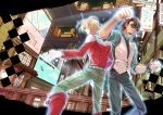  2boys barnaby_brooks_jr blonde_hair blue_eyes boots bracelet brown_hair cabbie_hat facial_hair glasses glowing hat jacket jewelry kaburagi_t_kotetsu mask mori-003 multiple_boys necktie red_jacket stubble tiger_&amp;_bunny vest waistcoat watch watch 