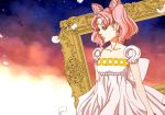  1girl bishoujo_senshi_sailor_moon chibi_usa colored_eyelashes double_bun dress elaborate_frame flat_gaze frame hair_bun nanako_(7flower) petals pink_hair profile sky small_lady_serenity star_(sky) starry_sky teenage twintails white_dress 