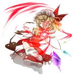  1girl ascot blonde_hair bow flandre_scarlet glowing glowing_eye grin hat hat_bow highres hijiri_(xxhizirixx) laevatein outstretched_hand red_eyes short_hair side_ponytail simple_background skirt skirt_set smile solo touhou white_background wings 