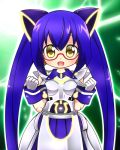  1girl blue_hair blush chokkyuu_hyoudai_robot_anime fuji_(robot_anime) gloves looking_at_viewer open_mouth ousawa_kanata robot smile solo yellow_eyes 