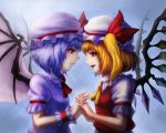  2girls ascot bat_wings blonde_hair blue_background brooch eye_contact fang flandre_scarlet head_to_head highres holding_hands interlocked_fingers jewelry kannazuki_(devilcode666) lavender_hair light_smile looking_at_another mob_cap multiple_girls open_mouth profile puffy_short_sleeves puffy_sleeves red_eyes remilia_scarlet short_hair short_sleeves siblings side_ponytail simple_background sisters touhou vest wings wrist_cuffs 